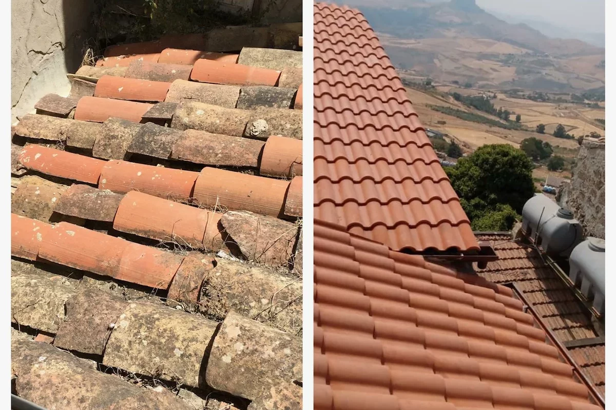 tiles before and after the reconstruction of a house in Italy