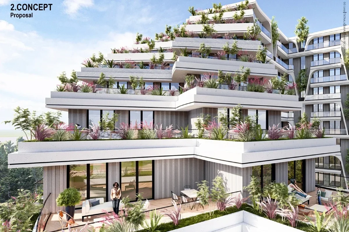 balconies with plants in Rezidenca Tiktaalik complex in Albania
