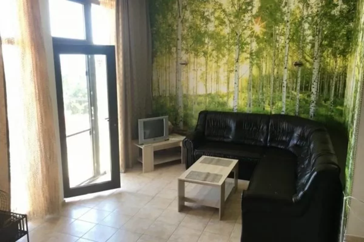 Большой черный диван и фотообои в гостиной дома в Болгарии