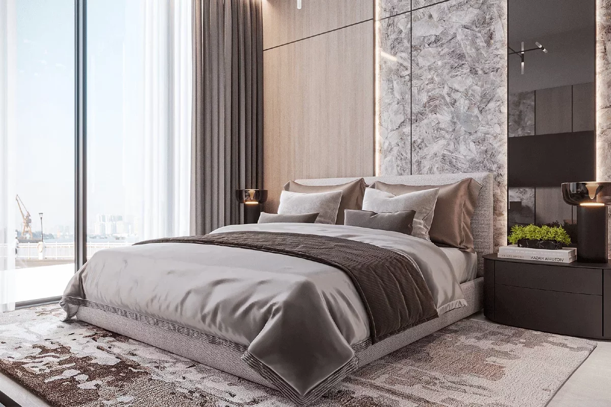 Beautiful large bed in brown shades in an apartment in a new building in Dubai