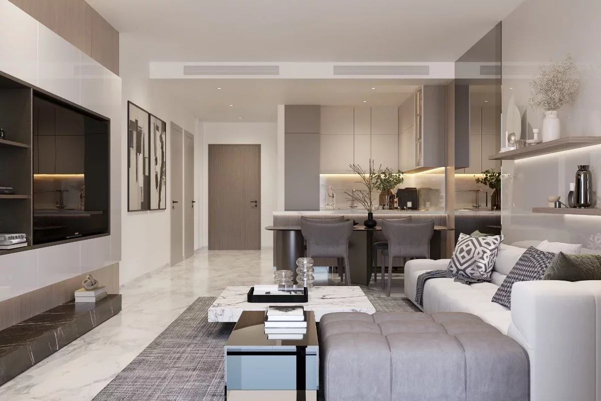 Living room in neutral shades in an apartment in Dubai