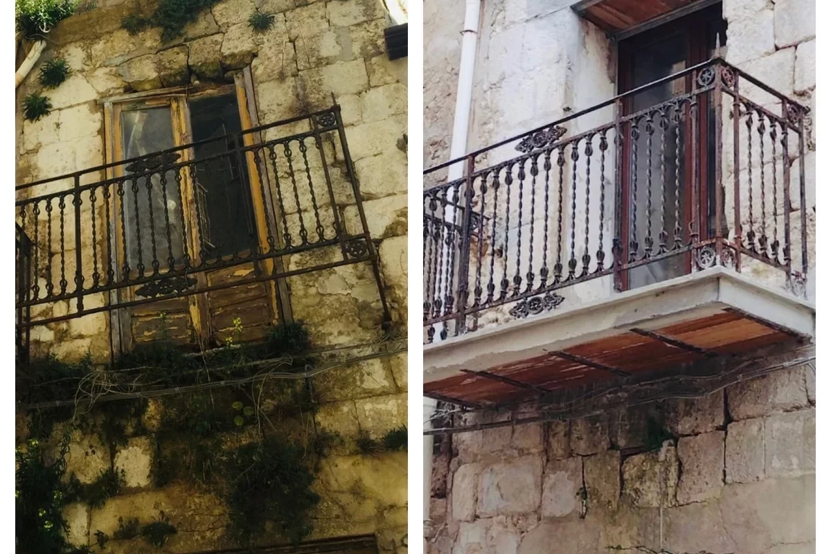 access to the balcony of a house in Italy before and after renovation