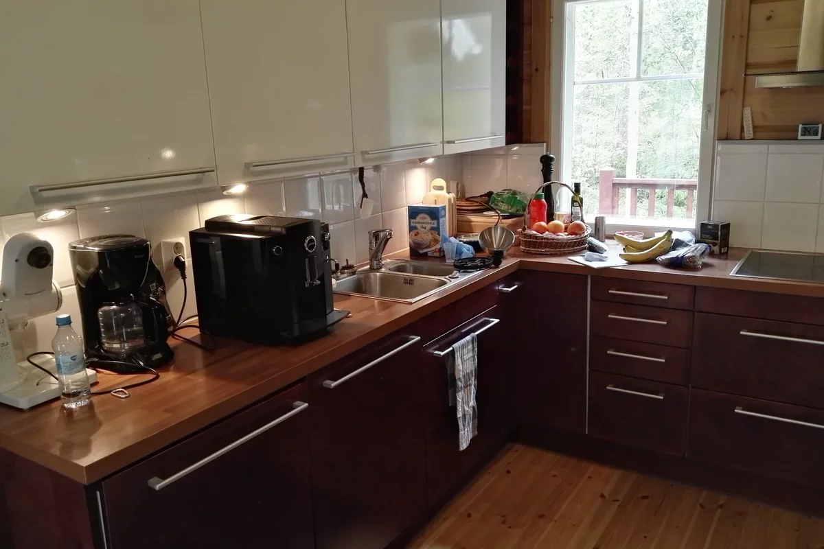 Кухня, оборудованная бытовой техникой, в доме в Финляндии
