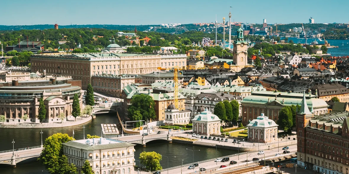 Stockholm, Sweden. The Great Church in the panorama of the city. View of the city center from a height
