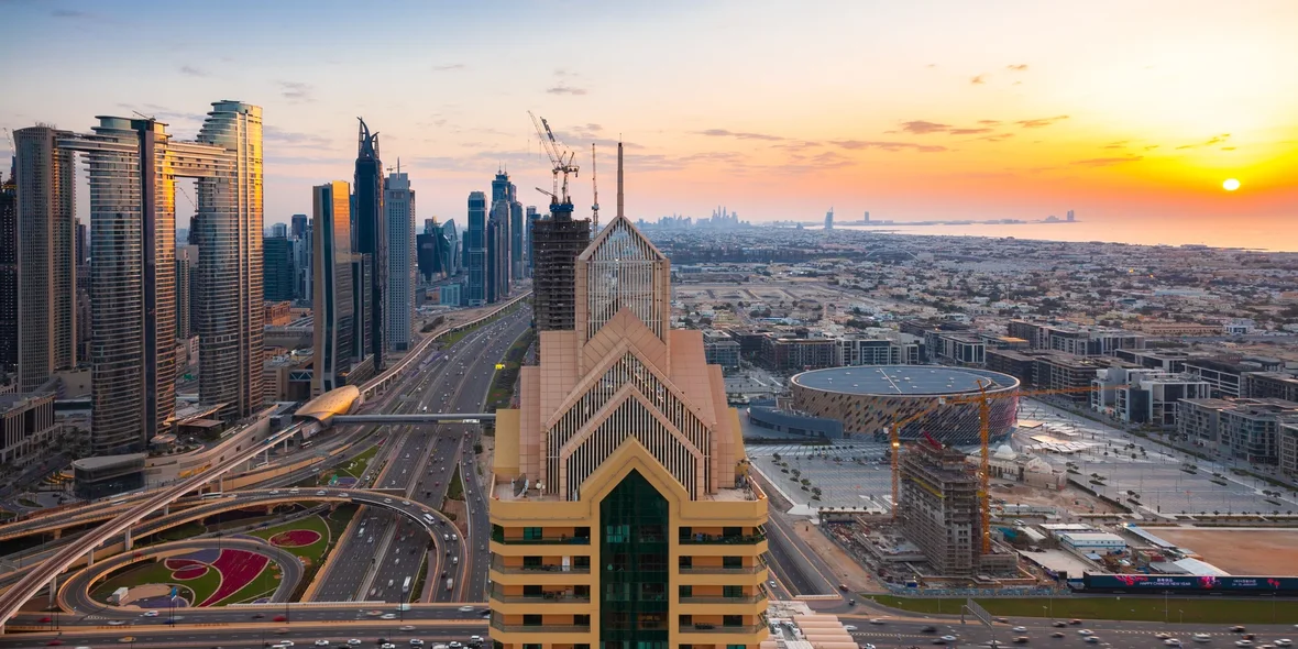 Panorama of Dubai at sunset, UAE