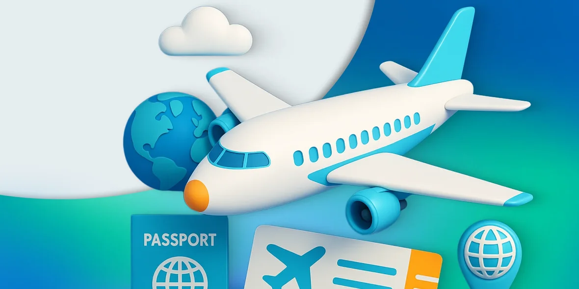 the plane is flying, tickets and passport are next to it