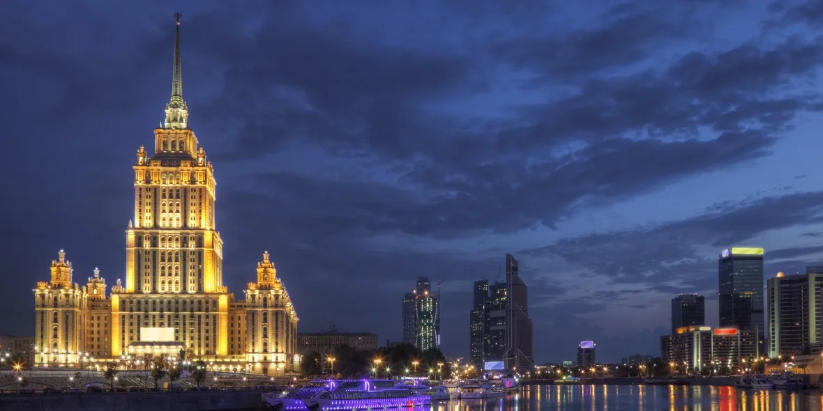 Outlines of the city illuminated at night, Moscow, Russia
