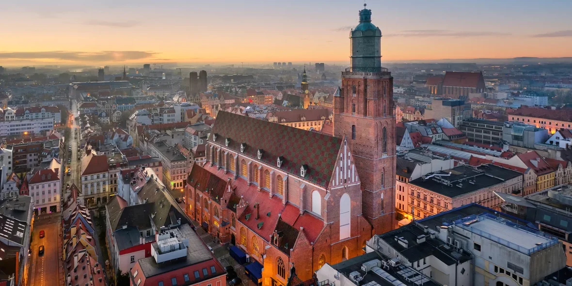 Aerial view of St. Elizabeth in Wroclaw, Poland