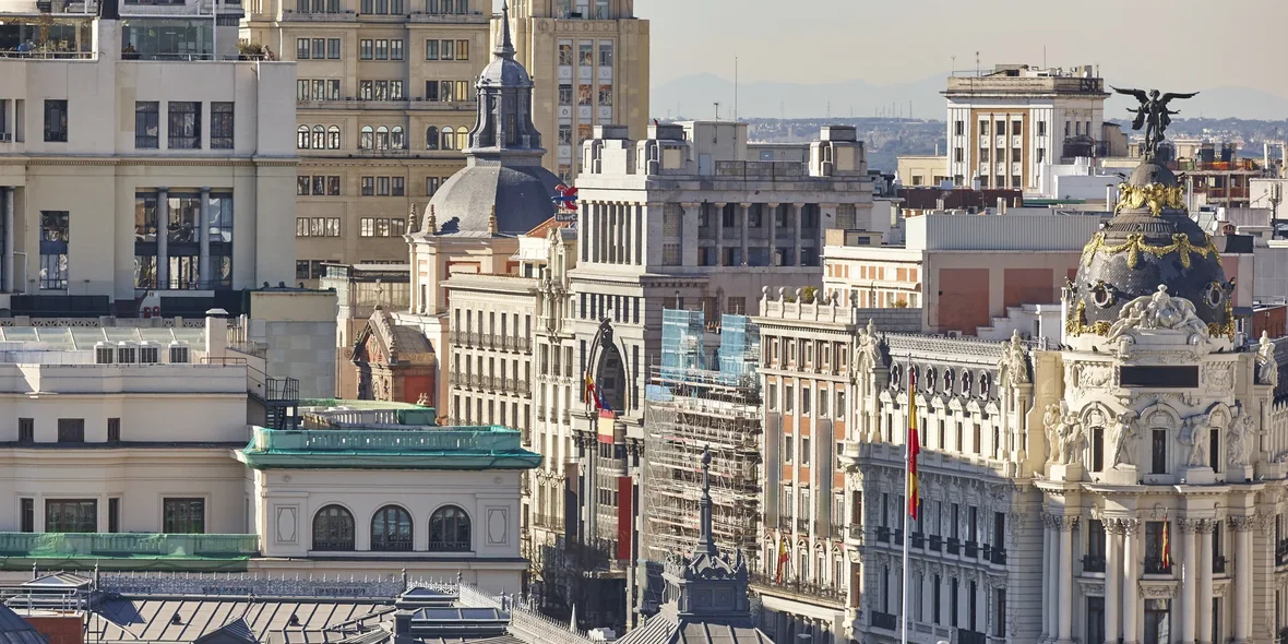  Panorama of the center of Madrid. Traditional buildings in the city center.