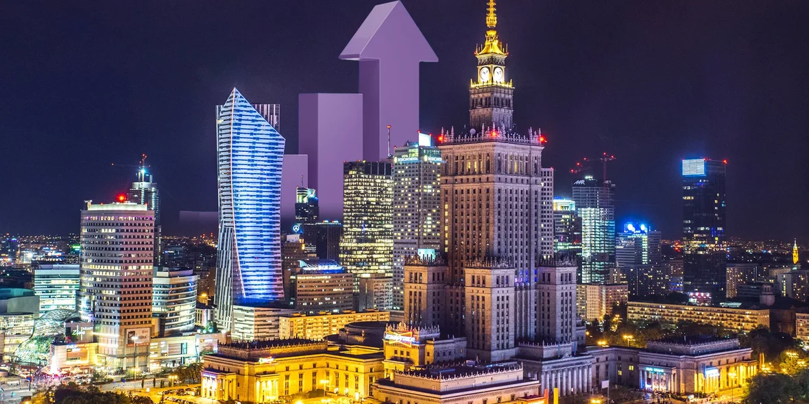 Ночная Варшава, вид сверху на высотные здания
