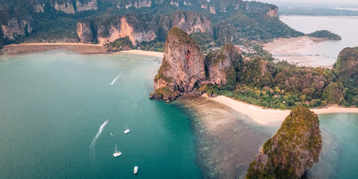 Aerial view of the beach at sunset, Reili Beach, Krabi Province