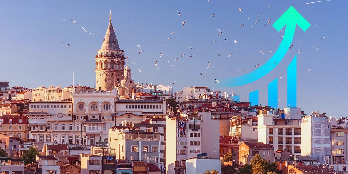 View of residential buildings and a tower in Turkey