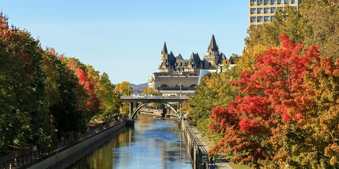 Rideau Canal in Ottawa, Canada, during the fall season with fall trees