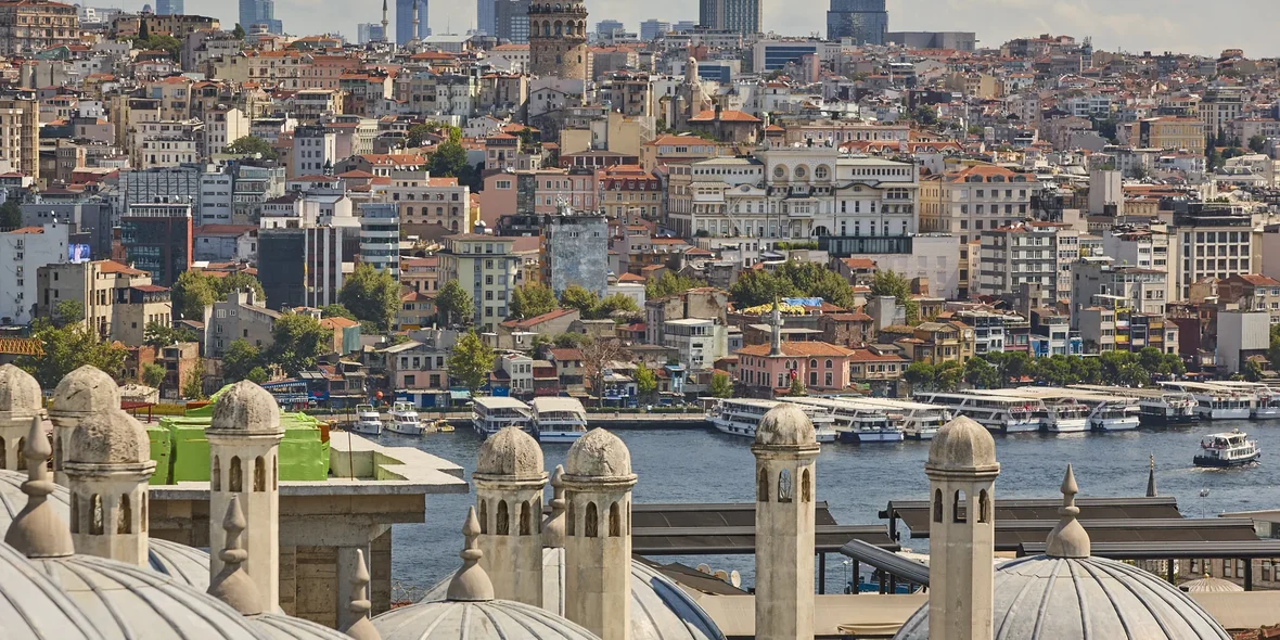 Galata Tower and the Bosphorus Strait in Istanbul. Karaköy neighborhood. Turkey