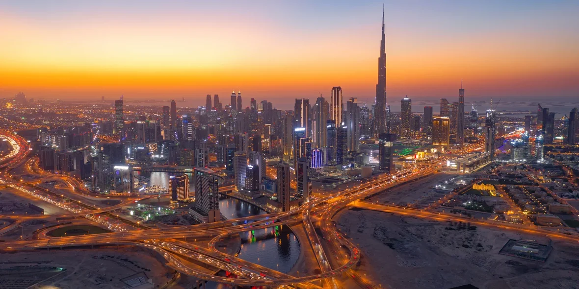 The outline of the center of Dubai, United Arab Emirates or UAE. 