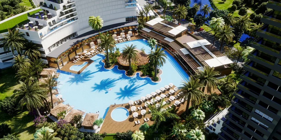 View of a residential complex with swimming pool in North Cyprus 