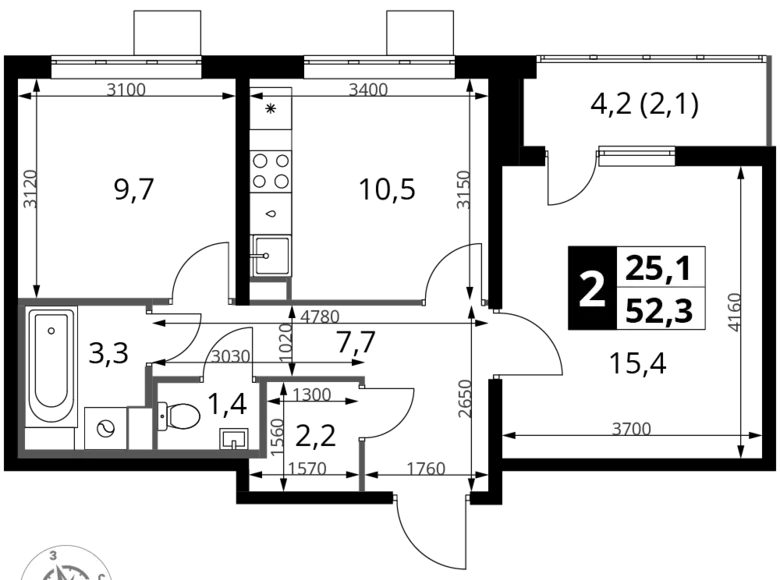 2 room apartment 52 m² Leninsky District, Russia