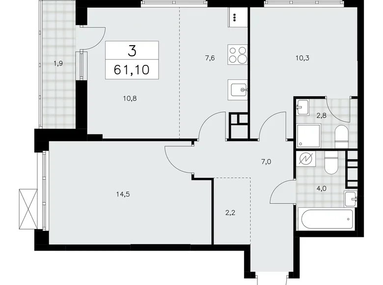3 room apartment 61 m² Kommunarka, Russia