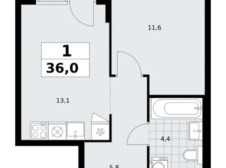 Квартира 1 комната 36 м² район Троицк, Россия