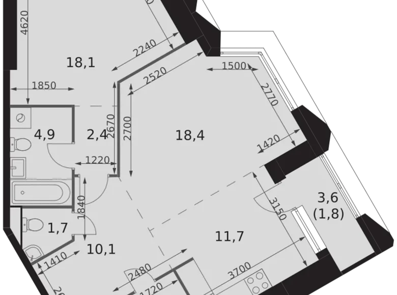 2 room apartment 72 m² Moscow, Russia