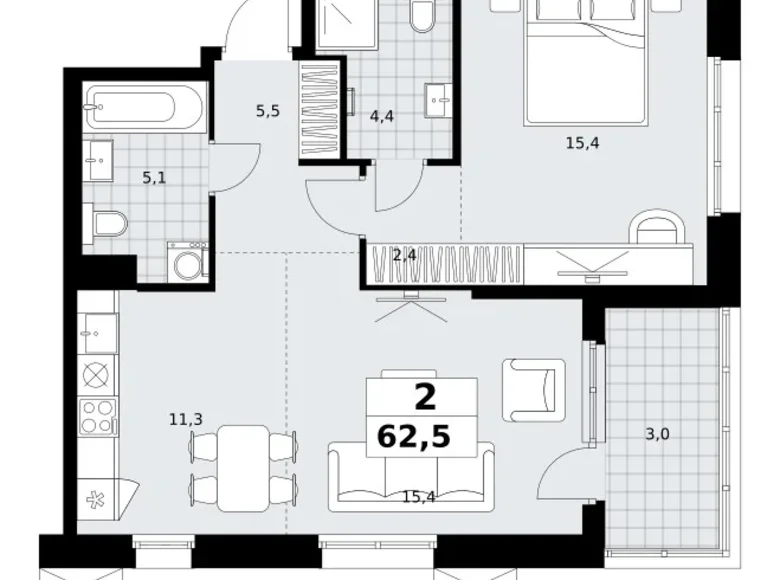 Appartement 2 chambres 63 m² Kommunarka, Russie
