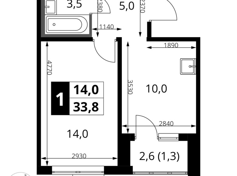 Квартира 1 комната 34 м² Сапроново, Россия