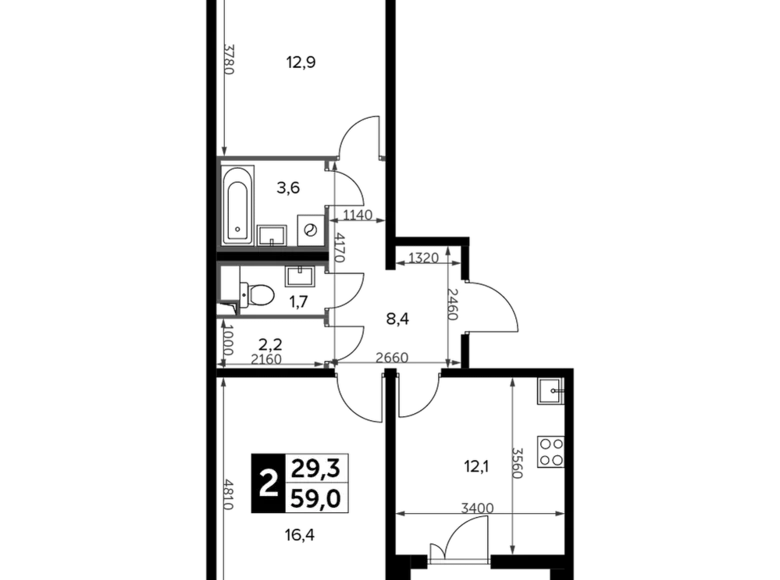 2 room apartment 60 m² Leninsky District, Russia