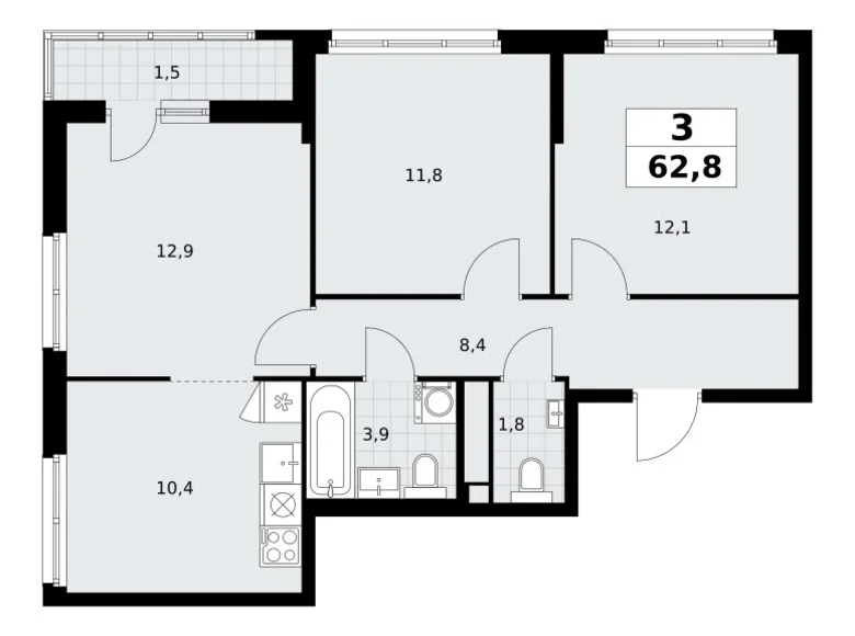 3 room apartment 63 m² Vnukovo, Russia