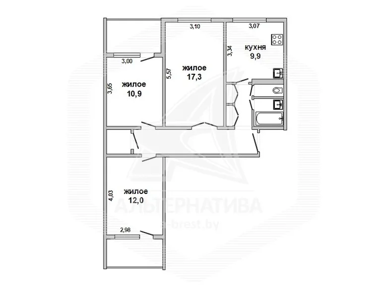 Apartamento 3 habitaciones 67 m² Muchaviecki sielski Saviet, Belarús