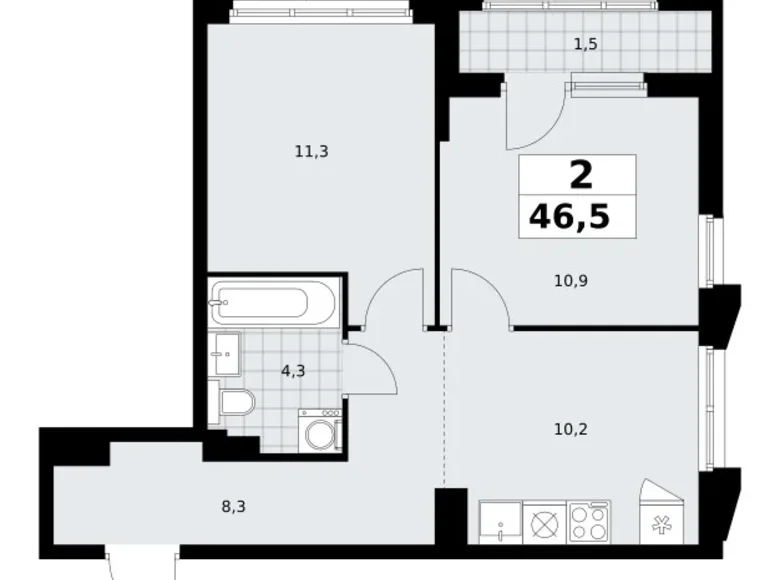 2 room apartment 47 m² Troitsk, Russia