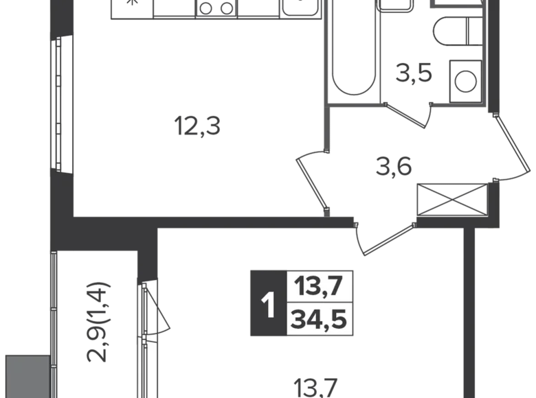 Mieszkanie 1 pokój 34 m² Leninsky District, Rosja
