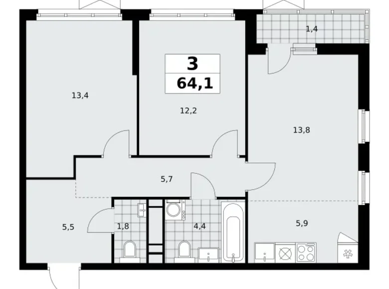 Квартира 3 комнаты 64 м² район Коммунарка, Россия