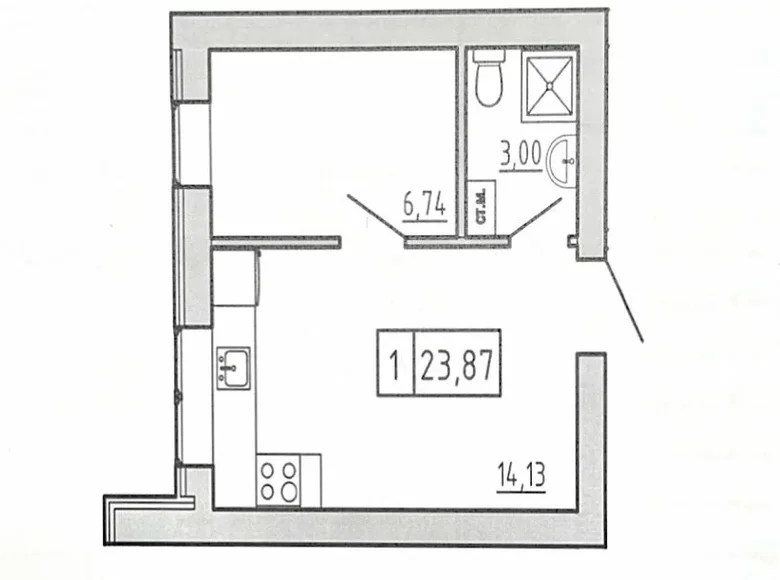 1 room apartment 24 m² Avanhard, Ukraine