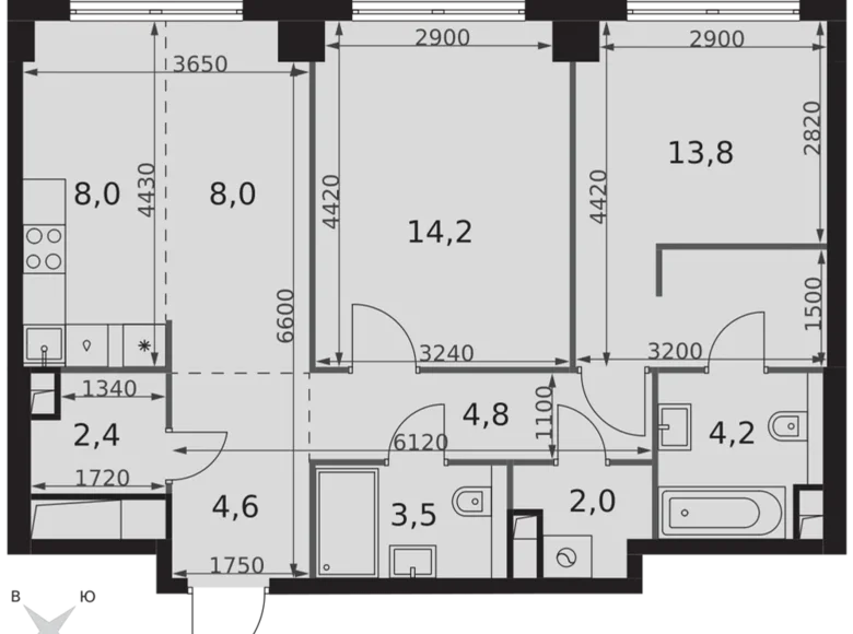 2 room apartment 66 m² Moscow, Russia