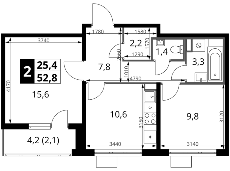2 room apartment 53 m² Khimki, Russia