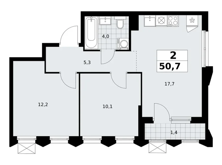 2 room apartment 51 m² Troitsk, Russia