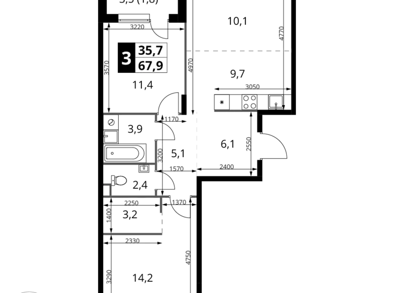 3 room apartment 68 m² Khimki, Russia