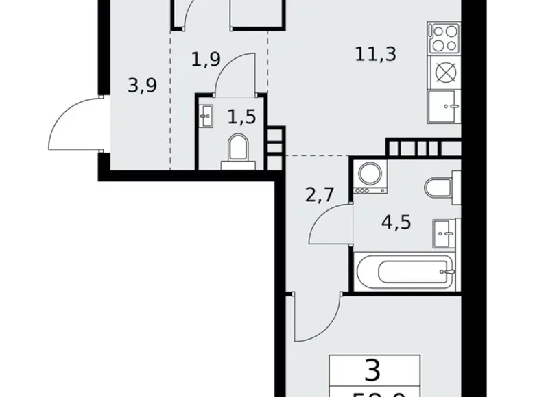 Appartement 3 chambres 58 m² Kommunarka, Russie