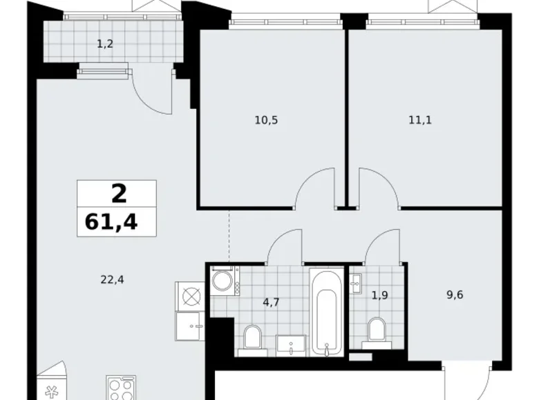 2 room apartment 61 m² Troitsk, Russia