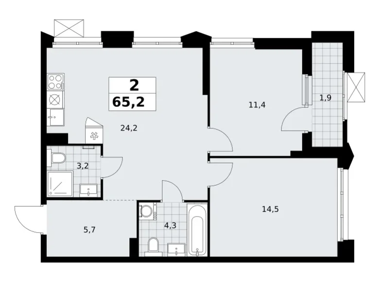 2 room apartment 65 m² Troitsk, Russia