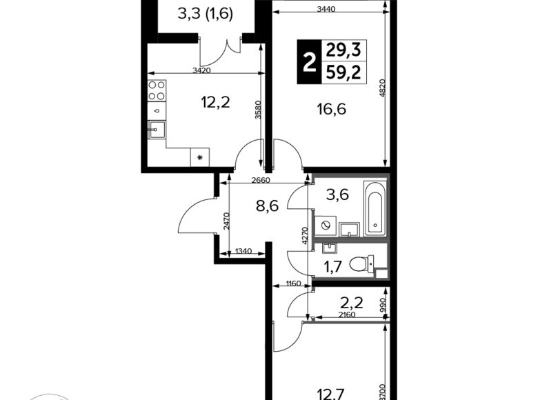2 room apartment 60 m² Leninsky District, Russia