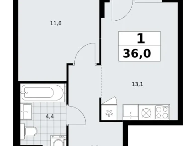 Apartamento 1 habitación 36 m² Troitsk, Rusia