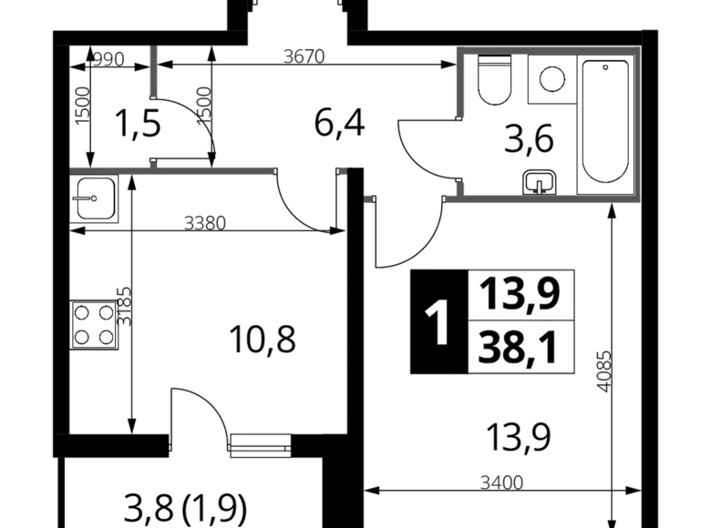 Apartamento 1 habitación 38 m² Liúbertsy, Rusia