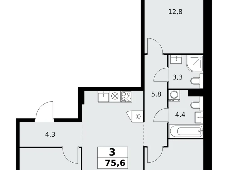 3 room apartment 76 m² Kommunarka, Russia
