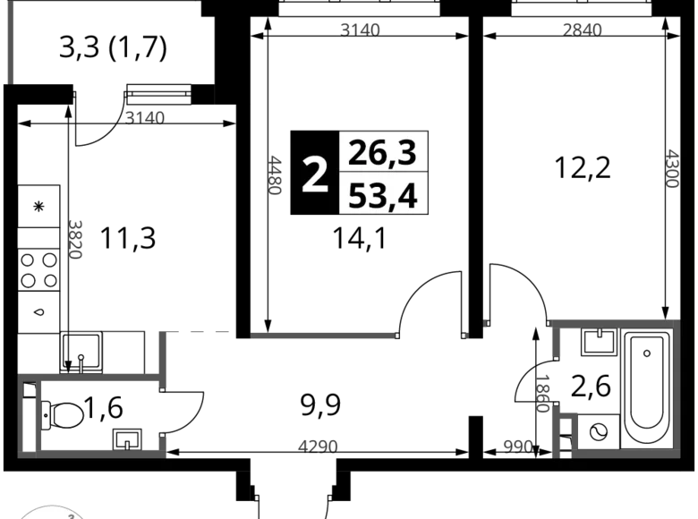 2 room apartment 53 m² Sapronovo, Russia