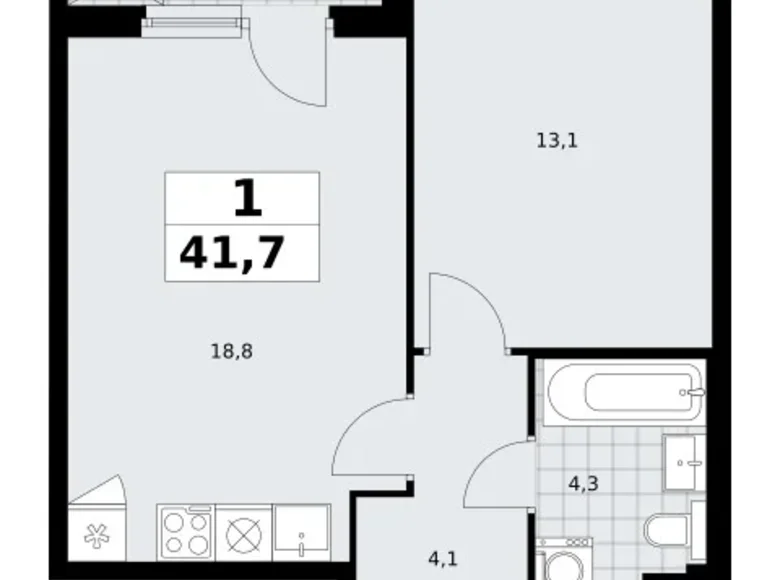 Квартира 1 комната 42 м² район Троицк, Россия