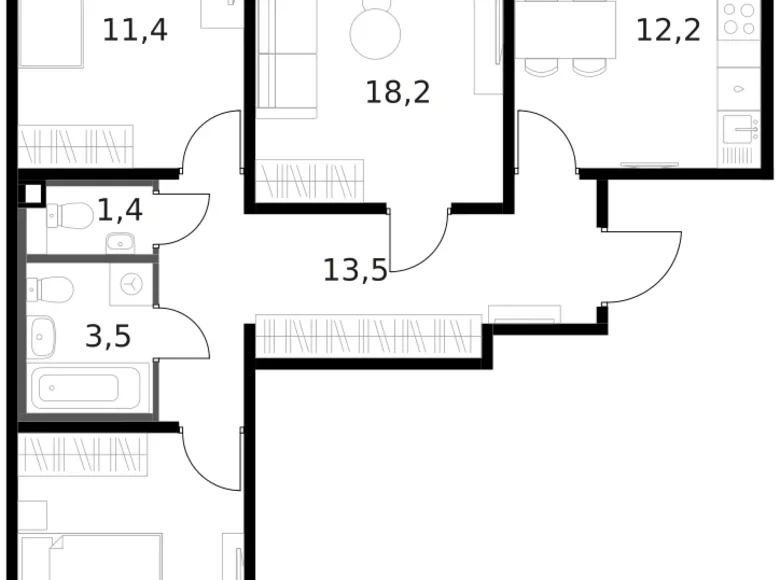 3 room apartment 76 m² Moscow, Russia