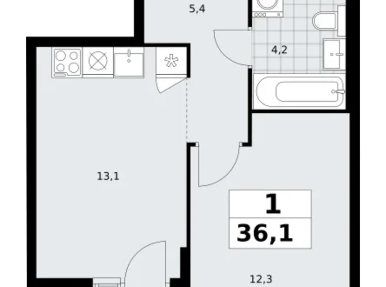 Квартира 1 комната 36 м² район Троицк, Россия
