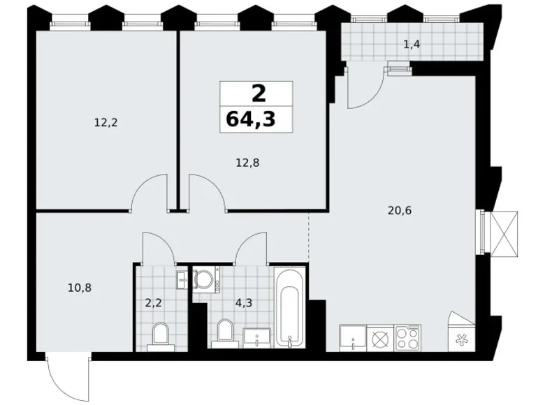 Квартира 2 комнаты 64 м² район Троицк, Россия