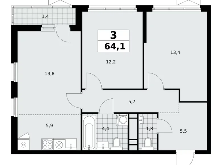 3 room apartment 64 m² Kommunarka, Russia